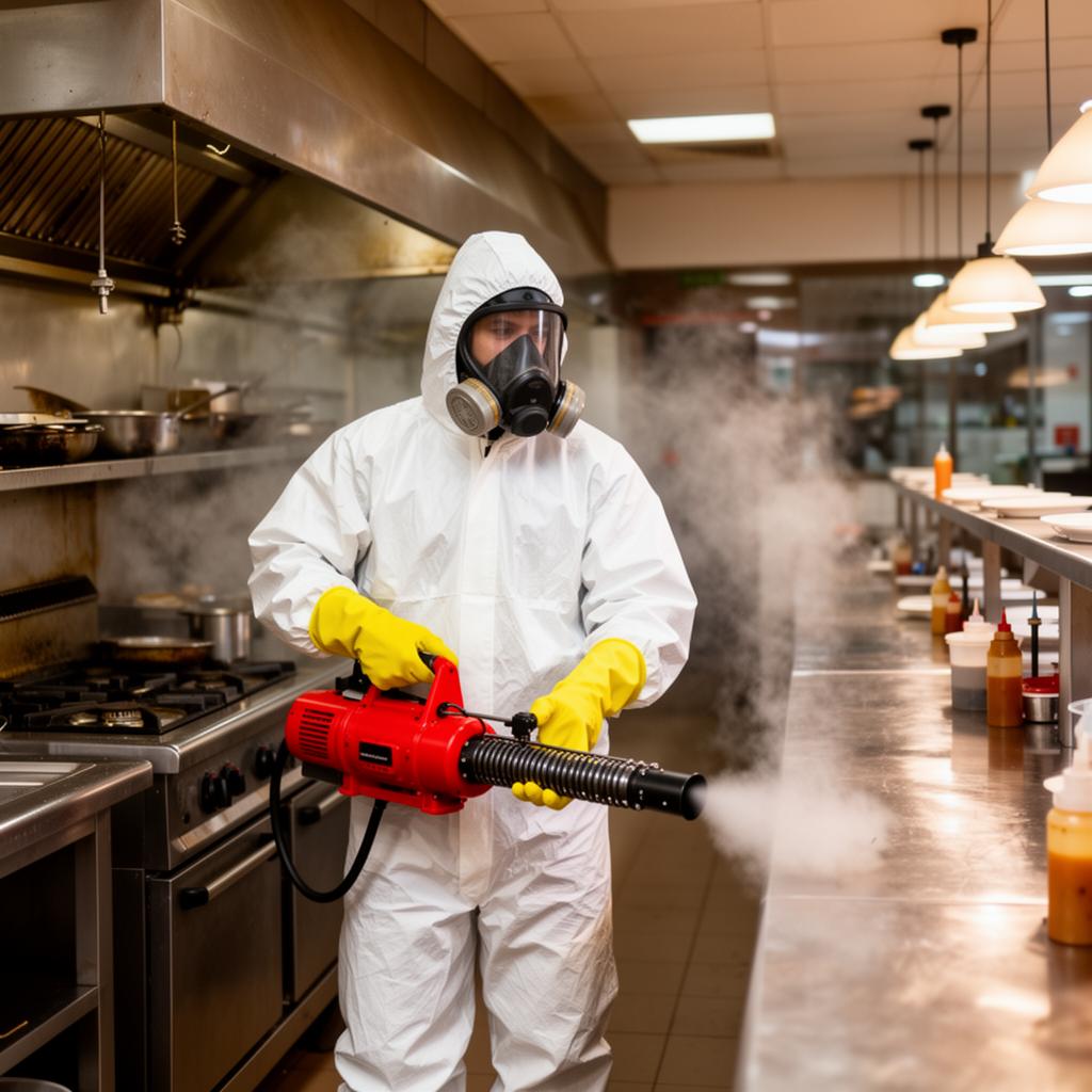 Equipe DedetizaRJ realizando dedetização em cozinha de restaurante no Rio de Janeiro
