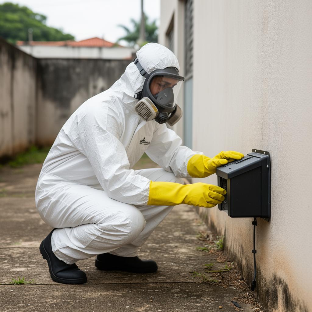 Técnico DedetizaRJ instalando iscas para controle de ratos em garagem residencial